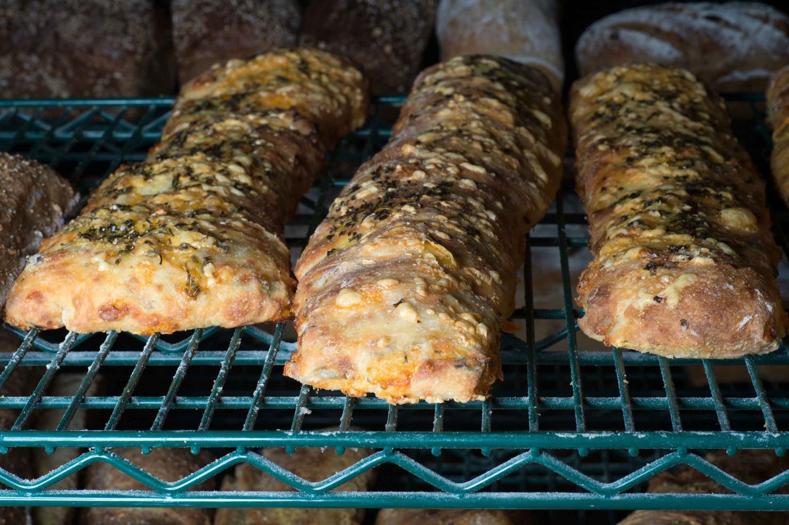 Cheese and herb baguettes fresh from the oven